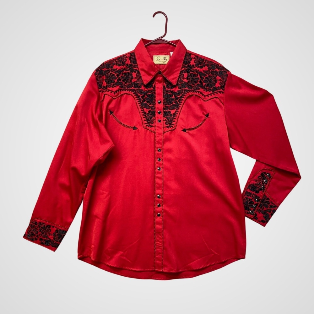 Scully Western Shirt Mens XL‎ Red Excellent Embroidered Floral Snap P-634
